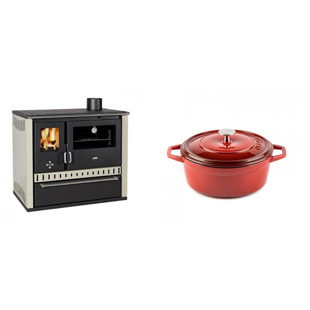 Set Küchenofen / Küchenhexe Prity GT, mit Schublade, Leistung 15 kW + Gusseisen Topf Tiefer Solagio, Rubin, Ф20 | Kaminofen - Holzofen mit Backfach | Kaminofen |