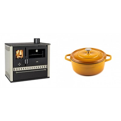 Set Küchenofen / Küchenhexe Prity GT, mit Schublade, Leistung 15 kW + Gusseisen Topf Tiefer Solagio, Dijon, Ф20 - Kaminofen - Holzofen mit Backfach