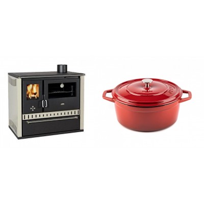 Set Küchenofen / Küchenhexe Prity GT, mit Schublade, Leistung 15 kW + Gusseisen Topf Tiefer Solagio, Rubin, Ф24 - Kaminofen - Holzofen mit Backfach