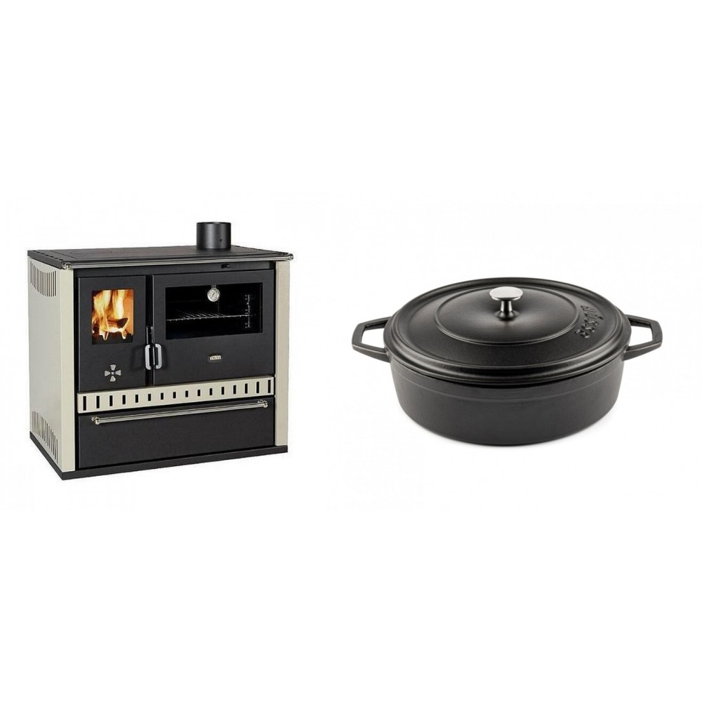 Set Küchenofen / Küchenhexe Prity GT, mit Schublade, Leistung 15 kW + Gusseisen Topf Flach Solagio, Black Onyx, Ф26 | Kaminofen - Holzofen mit Backfach | Kaminofen |