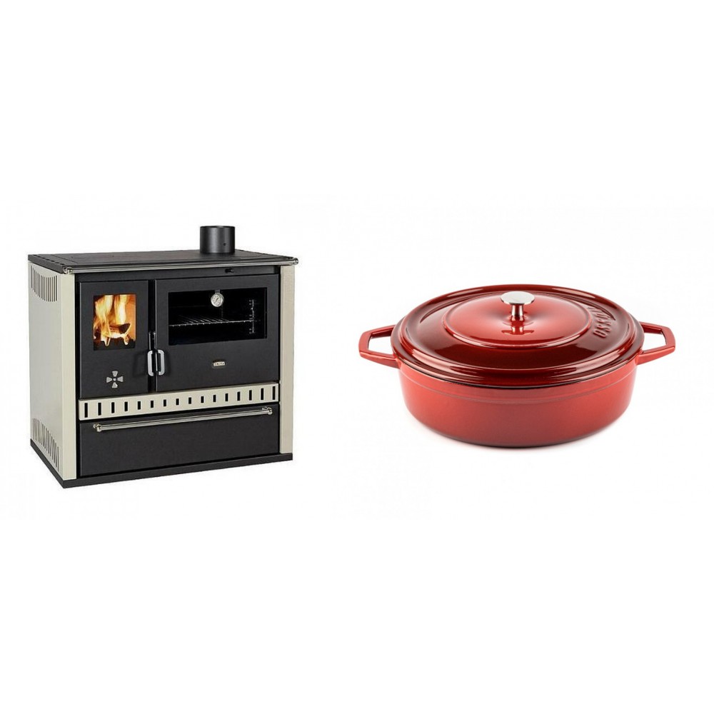 Set Küchenofen / Küchenhexe Prity GT, mit Schublade, Leistung 15 kW + Gusseisen Topf Flach Solagio, Rubin, Ф26 | Kaminofen - Holzofen mit Backfach | Kaminofen |