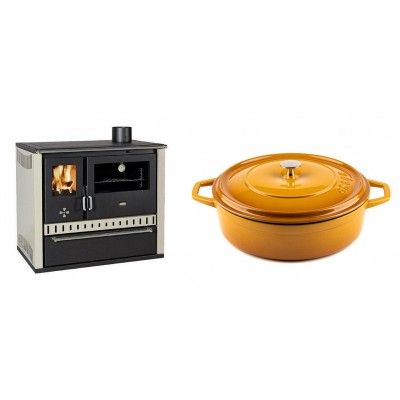 Set Küchenofen / Küchenhexe Prity GT, mit Schublade, Leistung 15 kW + Gusseisen Topf Flach Solagio, Dijon, Ф28 - Kaminofen - Holzofen mit Backfach