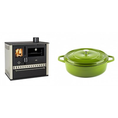 Set Küchenofen / Küchenhexe Prity GT, mit Schublade, Leistung 15 kW + Gusseisen Topf Flach Solagio, Bamboo, Ф28 - Kaminofen - Holzofen mit Backfach