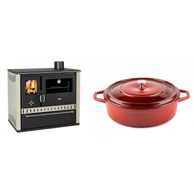 Set Küchenofen / Küchenhexe Prity GT, mit Schublade, Leistung 15 kW + Gusseisen Topf Flach Solagio, Rubin, Ф28 - Kaminofen - Holzofen mit Backfach