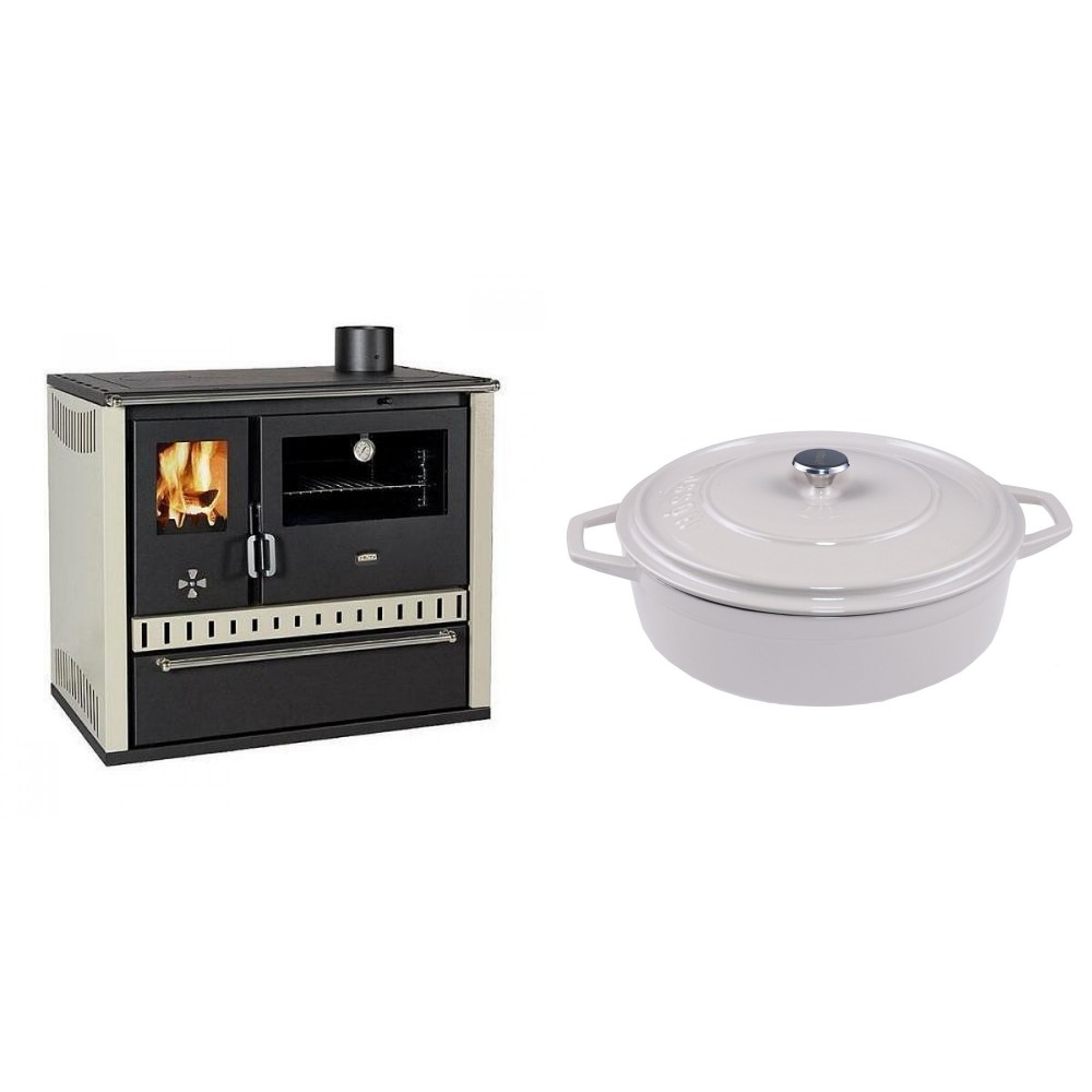 Set Küchenofen / Küchenhexe Prity GT, mit Schublade, Leistung 15 kW + Gusseisen Topf Flach Solagio, Ivory, Ф28 | Kaminofen - Holzofen mit Backfach | Kaminofen |