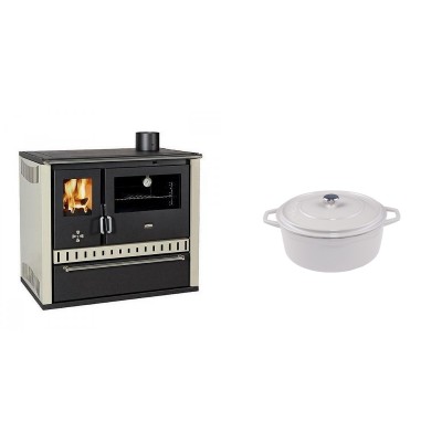 Set Küchenofen / Küchenhexe Prity GT, mit Schublade, Leistung 15 kW + Gusseisen Topf Tiefer Solagio, Ivory, Ф12 - Kaminofen - Holzofen mit Backfach