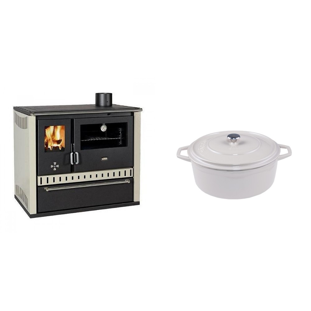 Set Küchenofen / Küchenhexe Prity GT, mit Schublade, Leistung 15 kW + Gusseisen Topf Tiefer Solagio, Ivory, Ф20 | Kaminofen - Holzofen mit Backfach | Kaminofen |