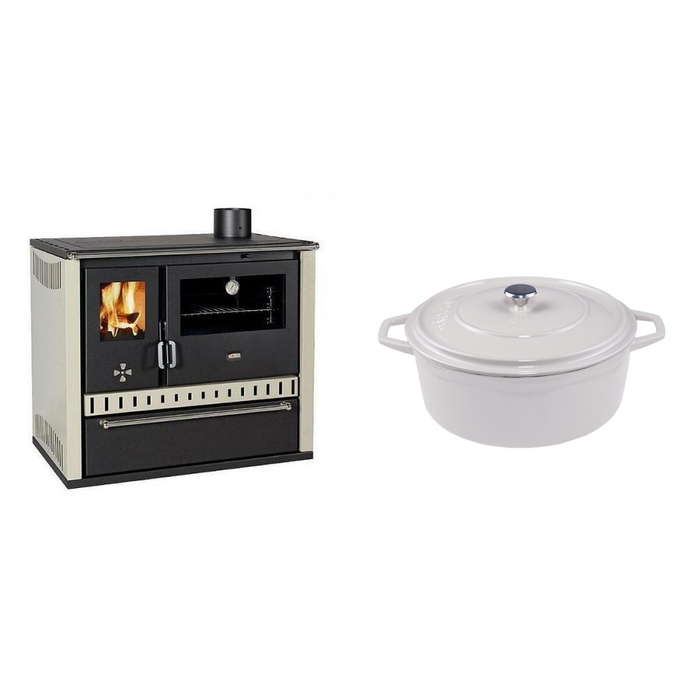 Set Küchenofen / Küchenhexe Prity GT, mit Schublade, Leistung 15 kW + Gusseisen Topf Tiefer Solagio, Ivory, Ф24 | Kaminofen - Holzofen mit Backfach | Kaminofen |