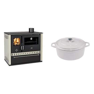 Set Küchenofen / Küchenhexe Prity GT, mit Schublade, Leistung 15 kW + Gusseisen Topf Tiefer Solagio, Ivory, Ф24 - Kaminofen - Holzofen mit Backfach