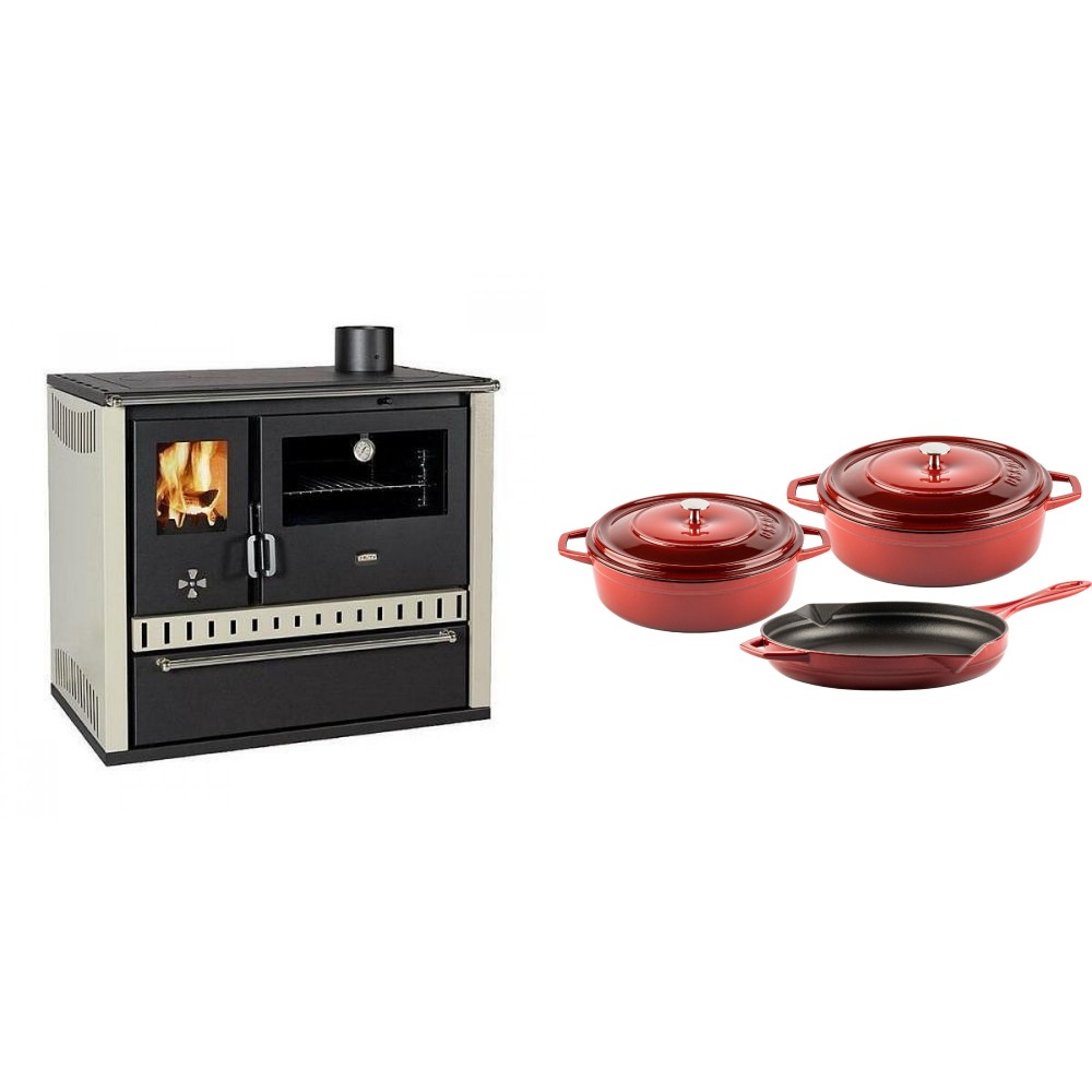 Set Küchenofen / Küchenhexe Prity GT, mit Schublade, Leistung 15 kW + Gusseisen Topf Set aus 3 teilen Solagio, Rubin | Kaminofen - Holzofen mit Backfach | Kaminofen |