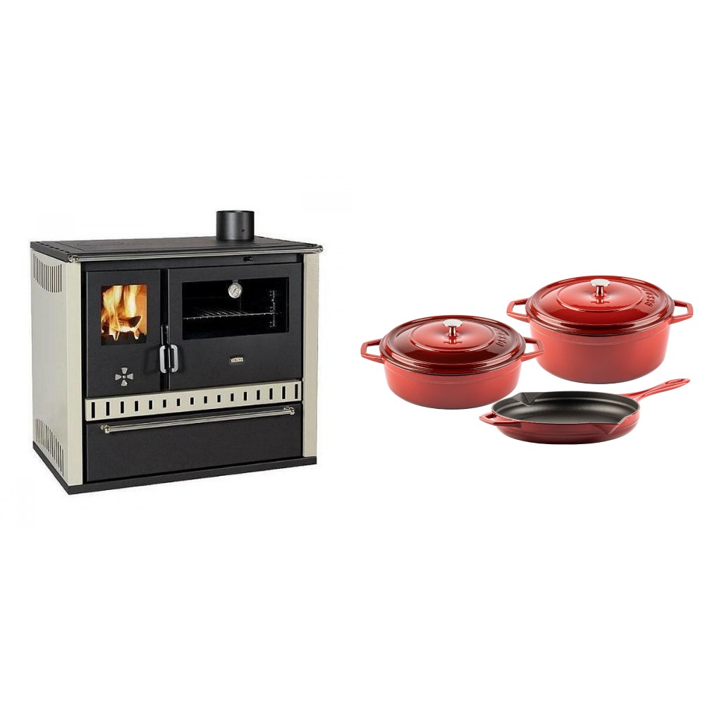 Set Küchenofen / Küchenhexe Prity GT, mit Schublade, Leistung 15 kW + Gusseisen Topf Set aus 3 teilen Solagio, Rubin