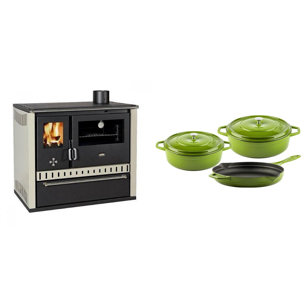 Set Küchenofen / Küchenhexe Prity GT, mit Schublade, Leistung 15 kW + Gusseisen Topf Set aus 3 teilen Solagio, Bamboo