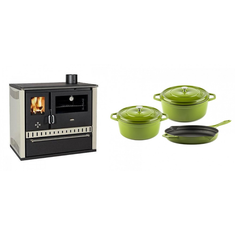 Set Küchenofen / Küchenhexe Prity GT, mit Schublade, Leistung 15 kW + Gusseisen Topf Set aus 3 teilen Solagio, Bamboo | Kaminofen - Holzofen mit Backfach | Kaminofen |