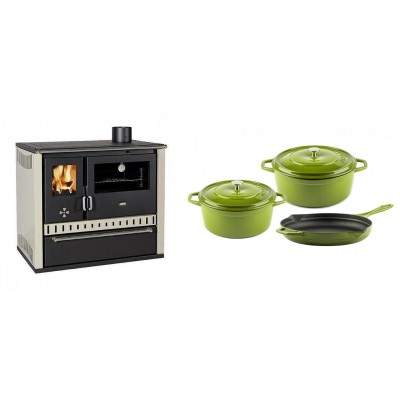 Set Küchenofen / Küchenhexe Prity GT, mit Schublade, Leistung 15 kW + Gusseisen Topf Set aus 3 teilen Solagio, Bamboo - Kaminofen - Holzofen mit Backfach