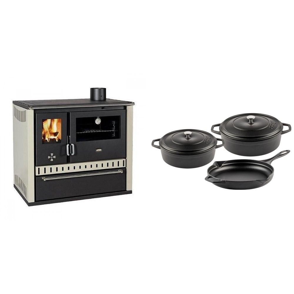 Set Küchenofen / Küchenhexe Prity GT, mit Schublade, Leistung 15 kW + Gusseisen Topf Set aus 3 teilen Solagio, Black Onyx