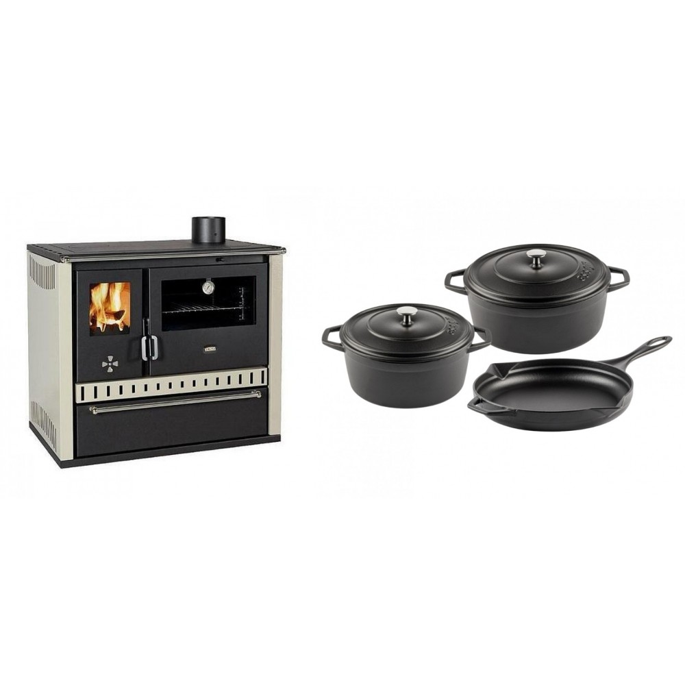 Set Küchenofen / Küchenhexe Prity GT, mit Schublade, Leistung 15 kW + Gusseisen Topf Set aus 3 teilen Solagio, Black Onyx | Kaminofen - Holzofen mit Backfach | Kaminofen |