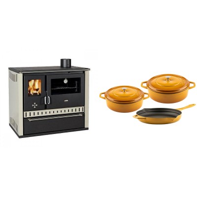 Set Küchenofen / Küchenhexe Prity GT, mit Schublade, Leistung 15 kW + Gusseisen Topf Set aus 3 teilen Solagio, Dijon - Kaminofen - Holzofen mit Backfach