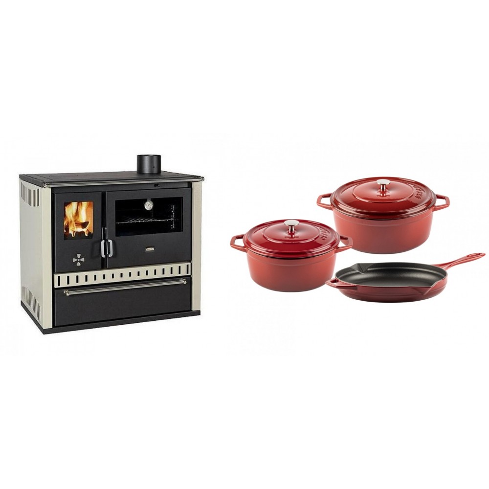 Set Küchenofen / Küchenhexe Prity GT, mit Schublade, Leistung 15 kW + Gusseisen Topf Set aus 3 teilen Solagio, Rubin | Kaminofen - Holzofen mit Backfach | Kaminofen |