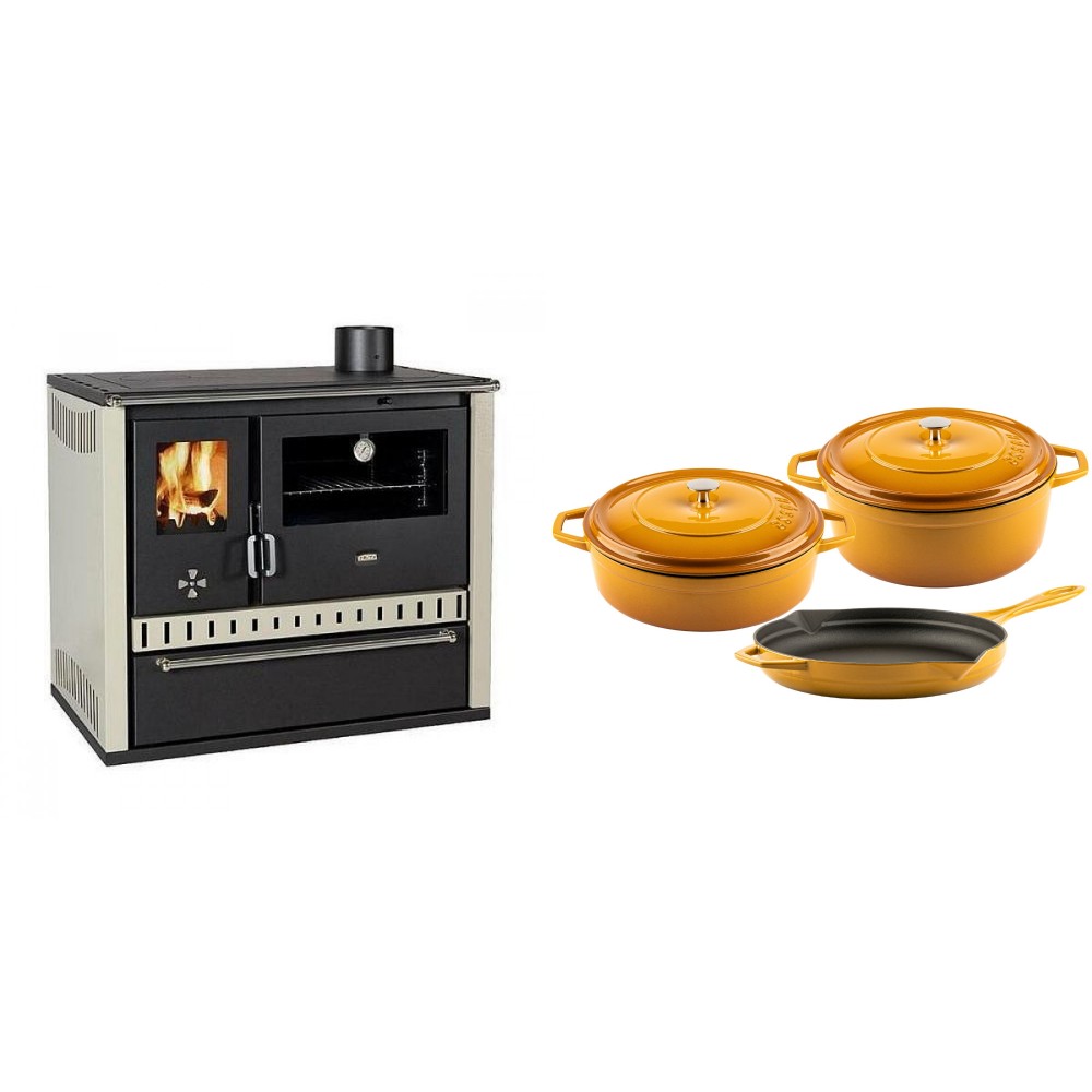 Set Küchenofen / Küchenhexe Prity GT, mit Schublade, Leistung 15 kW + Gusseisen Topf Set aus 3 teilen Solagio, Dijon