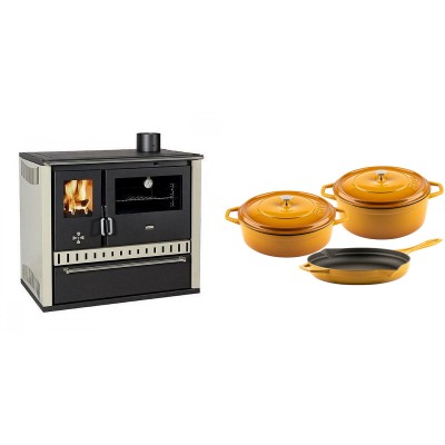 Set Küchenofen / Küchenhexe Prity GT, mit Schublade, Leistung 15 kW + Gusseisen Topf Set aus 3 teilen Solagio, Dijon - Kaminofen - Holzofen mit Backfach