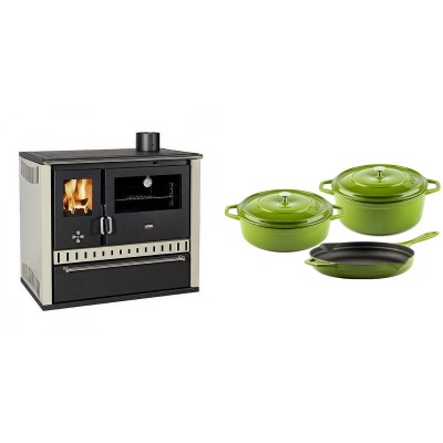 Set Küchenofen / Küchenhexe Prity GT, mit Schublade, Leistung 15 kW + Gusseisen Topf Set aus 3 teilen Solagio, Bamboo - Kaminofen - Holzofen mit Backfach