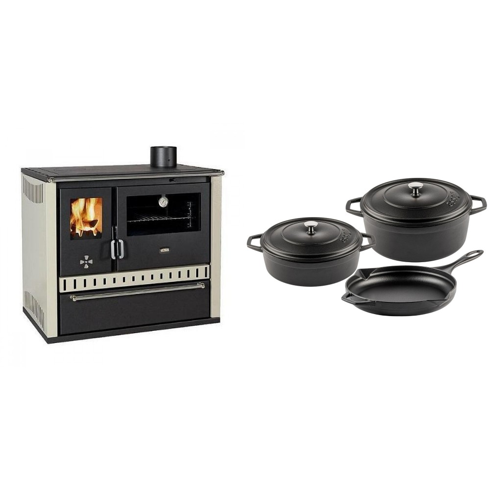 Set Küchenofen / Küchenhexe Prity GT, mit Schublade, Leistung 15 kW + Gusseisen Topf Set aus 3 teilen Solagio, Black Onyx
