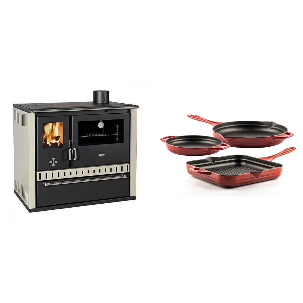 Set Küchenofen / Küchenhexe Prity GT, mit Schublade, Leistung 15 kW + Gusseisen Topf Set aus 3 teilen Solagio, Rubin