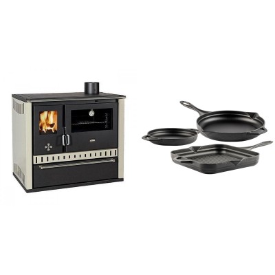 Set Küchenofen / Küchenhexe Prity GT, mit Schublade, Leistung 15 kW + Gusseisen Topf Set aus 3 teilen Solagio, Black Onyx - Kaminofen - Holzofen mit Backfach