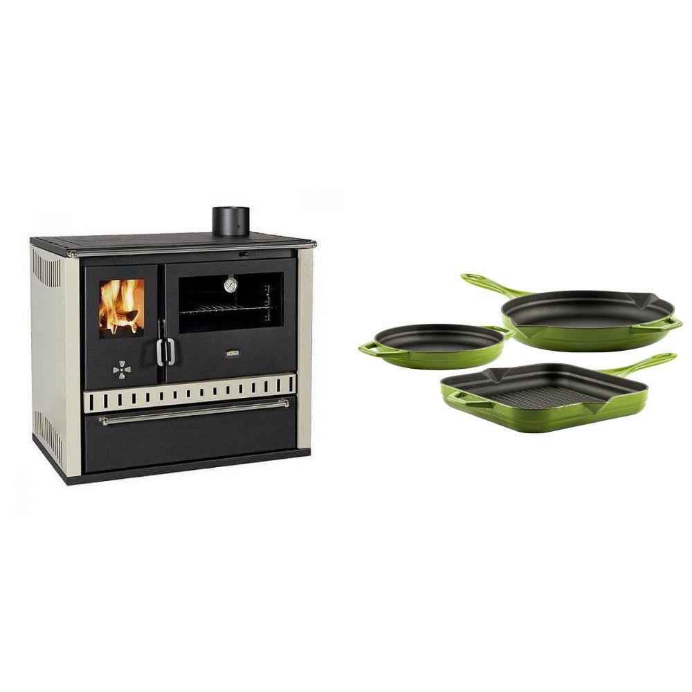 Set Küchenofen / Küchenhexe Prity GT, mit Schublade, Leistung 15 kW + Gusseisen Topf Set aus 3 teilen Solagio, Bamboo | Kaminofen - Holzofen mit Backfach | Kaminofen |