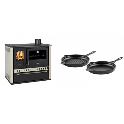 Set Küchenofen / Küchenhexe Prity GT, mit Schublade, Leistung 15 kW + Gusseisen Topf Set aus 2 teilen Solagio, Black Onyx - Kaminofen - Holzofen mit Backfach