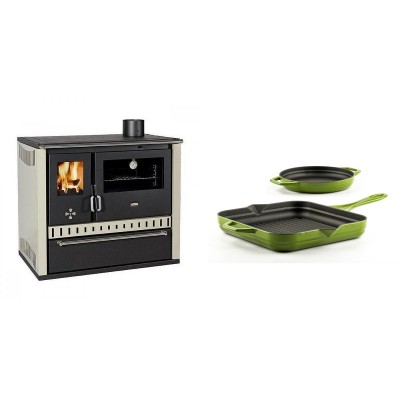 Set Küchenofen / Küchenhexe Prity GT, mit Schublade, Leistung 15 kW + Gusseisen Topf Set aus 2 teilen Solagio, Bamboo - Kaminofen - Holzofen mit Backfach