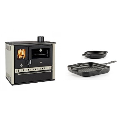 Set Küchenofen / Küchenhexe Prity GT, mit Schublade, Leistung 15 kW + Gusseisen Topf Set aus 2 teilen Solagio, Black Onyx - Kaminofen - Holzofen mit Backfach