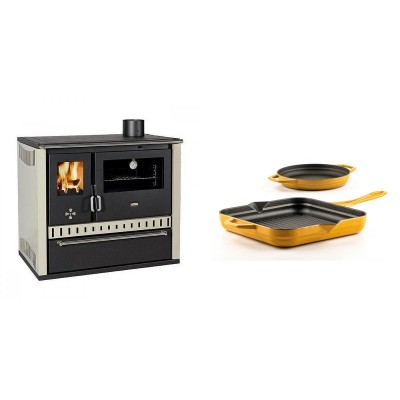 Set Küchenofen / Küchenhexe Prity GT, mit Schublade, Leistung 15 kW + Gusseisen Topf Set aus 2 teilen Solagio, Dijon - Kaminofen - Holzofen mit Backfach