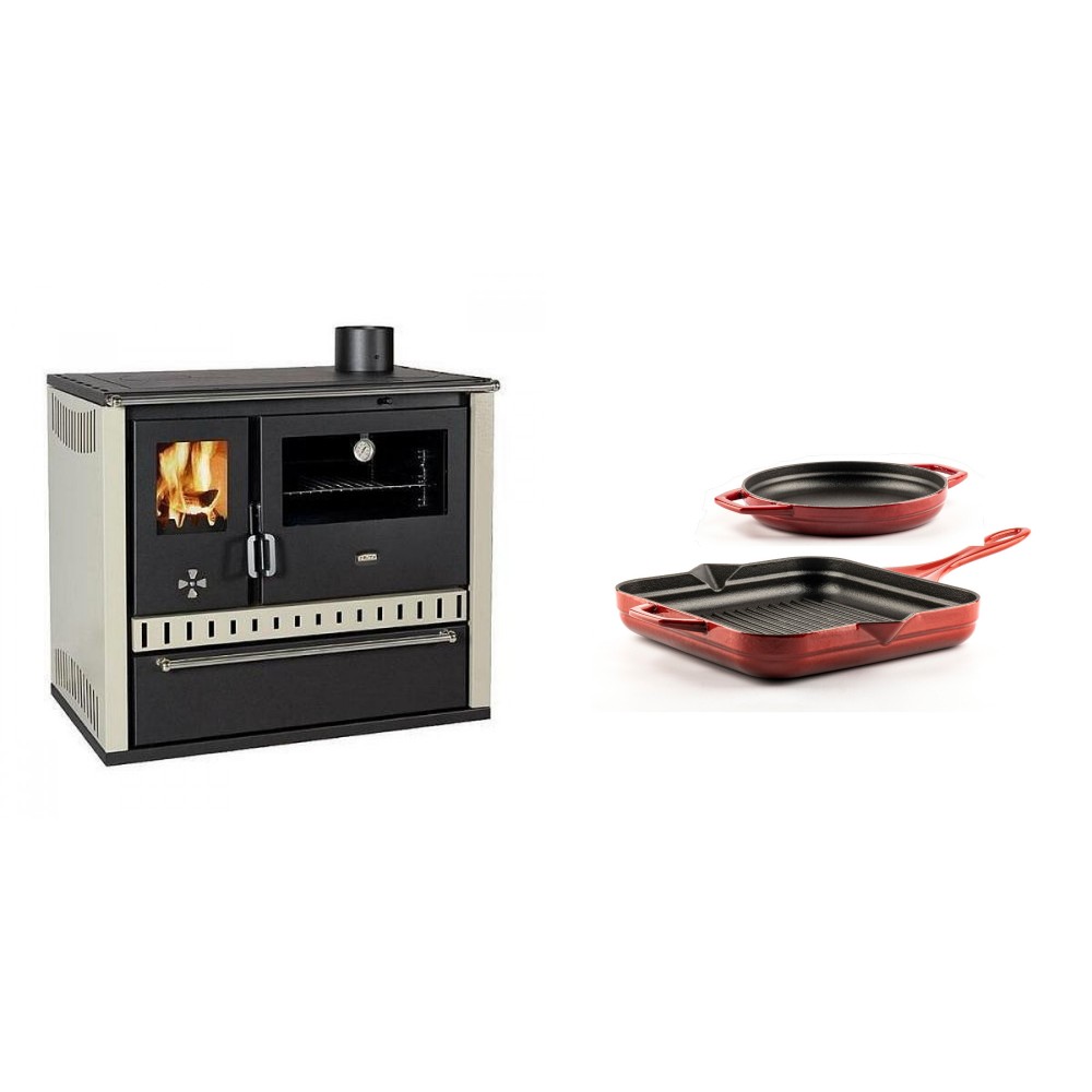 Set Küchenofen / Küchenhexe Prity GT, mit Schublade, Leistung 15 kW + Gusseisen Topf Set aus 2 teilen Solagio, Rubin | Kaminofen - Holzofen mit Backfach | Kaminofen |