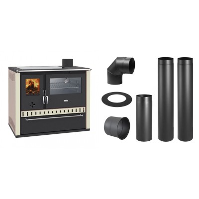 Set Küchenofen / Küchenhexe Wasserführend Prity GT W10 Elfenbein, mit Edelstahl-Backofen, Glaskeramik-Kochfeld und Schublade, 13.3 kW + Schornstein Bausatz PARKANEX, Stahl Ø150, Dicke 2mm - Holzofen Prity