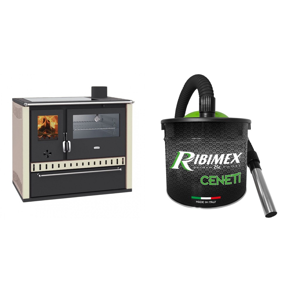 Set Küchenofen / Küchenhexe Wasserführend Prity GT W10 Elfenbein, mit Edelstahl-Backofen, Glaskeramik-Kochfeld und Schublade, 13.3 kW + Elektrischer Aschesauger Ribimex, Modell Cenetì, Fassungsvermögen 15 L