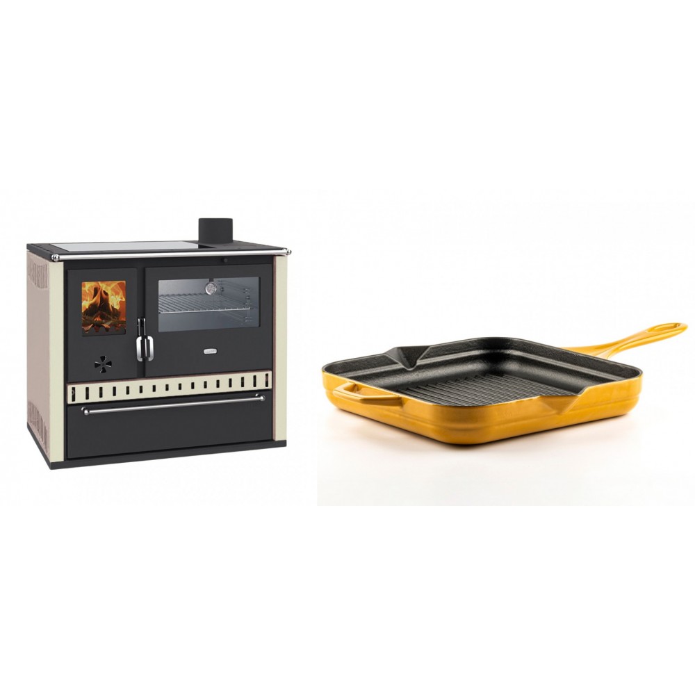 Set Küchenofen / Küchenhexe Wasserführend Prity GT W10 Elfenbein, mit Edelstahl-Backofen, Glaskeramik-Kochfeld und Schublade, 13.3 kW + Emaillierte grillpfanne Gusseisen Solagio, Dijon, 28х28cm