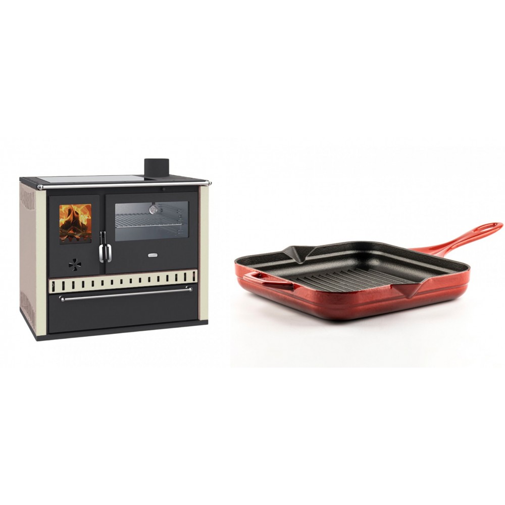 Set Küchenofen / Küchenhexe Wasserführend Prity GT W10 Elfenbein, mit Edelstahl-Backofen, Glaskeramik-Kochfeld und Schublade, 13.3 kW + Emaillierte grillpfanne Gusseisen Solagio, Rubin, 28x28cm | Kaminofen - Holzofen mit Backfach | Kaminofen |