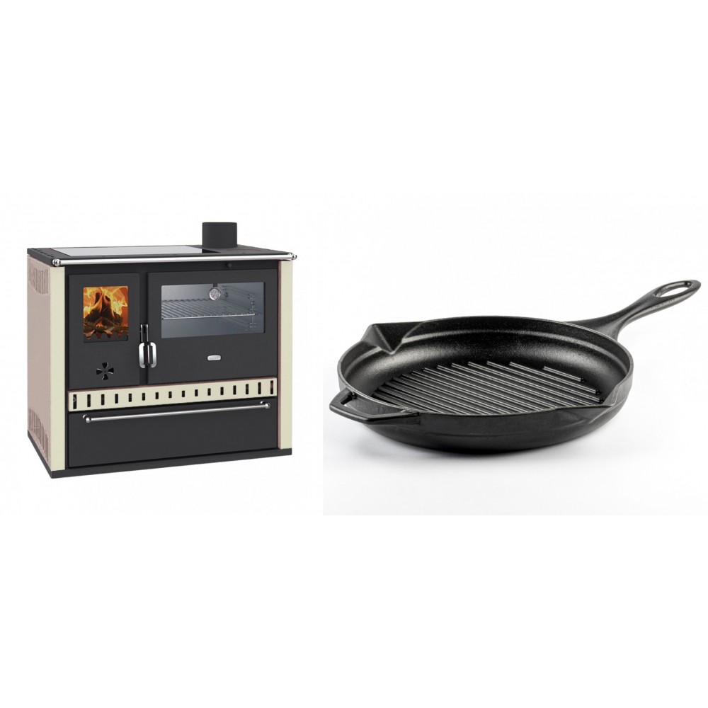 Set Küchenofen / Küchenhexe Wasserführend Prity GT W10 Elfenbein, mit Edelstahl-Backofen, Glaskeramik-Kochfeld und Schublade, 13.3 kW + Emaillierte grillpfanne Gusseisen Solagio, Black Onyx, Ф28cm