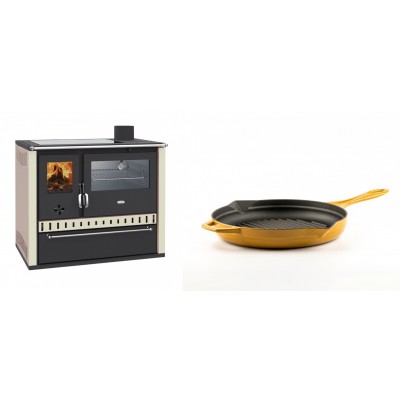Set Küchenofen / Küchenhexe Wasserführend Prity GT W10 Elfenbein, mit Edelstahl-Backofen, Glaskeramik-Kochfeld und Schublade, 13.3 kW + Emaillierte grillpfanne Gusseisen Solagio, Dijon, Ф24cm - Holzofen Prity