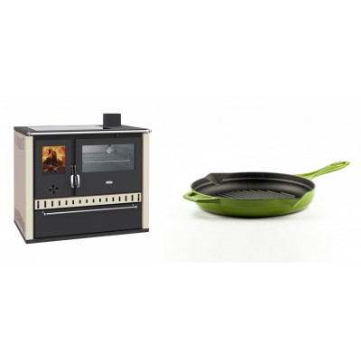 Set Küchenofen / Küchenhexe Wasserführend Prity GT W10 Elfenbein, mit Edelstahl-Backofen, Glaskeramik-Kochfeld und Schublade, 13.3 kW + Emaillierte grillpfanne Gusseisen Solagio, Bamboo, Ф24cm - Holzofen Prity
