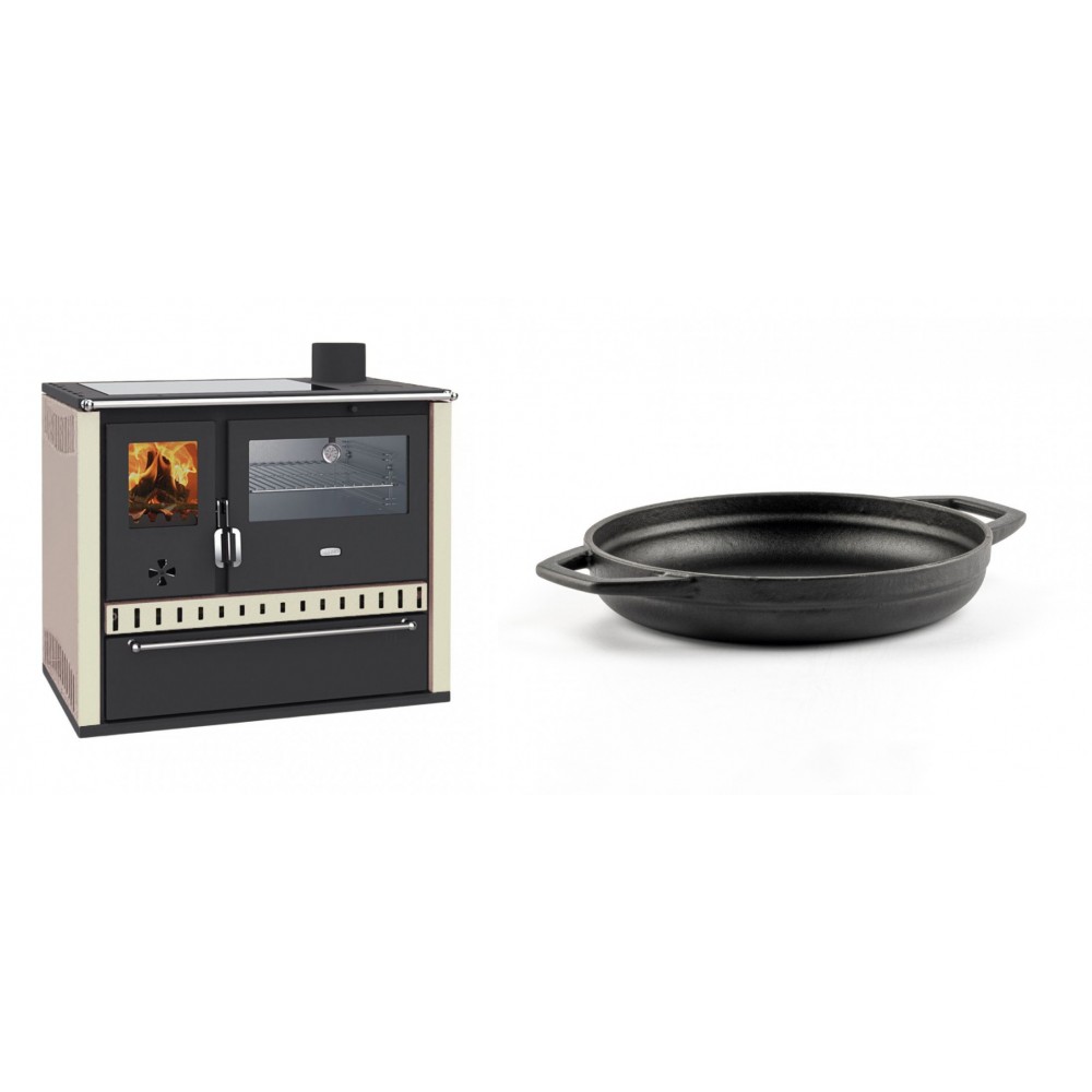Set Küchenofen / Küchenhexe Wasserführend Prity GT W10 Elfenbein, mit Edelstahl-Backofen, Glaskeramik-Kochfeld und Schublade, 13.3 kW + Emaillierte gusseisenpfanne mit zwei Griffen Solagio, Black Onyx, Ф19cm