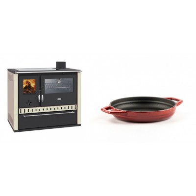 Set Küchenofen / Küchenhexe Wasserführend Prity GT W10 Elfenbein, mit Edelstahl-Backofen, Glaskeramik-Kochfeld und Schublade, 13.3 kW + Emaillierte gusseisenpfanne mit zwei Griffen Solagio, Rubin, Ф16cm - Holzofen Prity