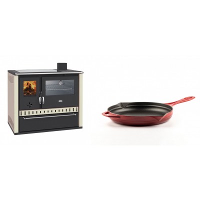 Set Küchenofen / Küchenhexe Wasserführend Prity GT W10 Elfenbein, mit Edelstahl-Backofen, Glaskeramik-Kochfeld und Schublade, 13.3 kW + Emaillierte Gusseisenpfanne Solagio, Rubin, Ф24cm - Holzofen Prity