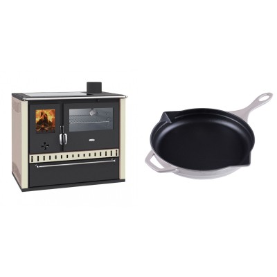 Set Küchenofen / Küchenhexe Wasserführend Prity GT W10 Elfenbein, mit Edelstahl-Backofen, Glaskeramik-Kochfeld und Schublade, 13.3 kW + Emaillierte Gusseisenpfanne Solagio, Ivory, Ф28cm - Holzofen Prity