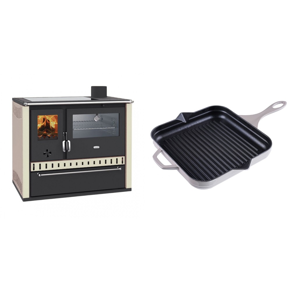 Set Küchenofen / Küchenhexe Wasserführend Prity GT W10 Elfenbein, mit Edelstahl-Backofen, Glaskeramik-Kochfeld und Schublade, 13.3 kW + Emaillierte grillpfanne Gusseisen Solagio, Ivory, 28x28cm