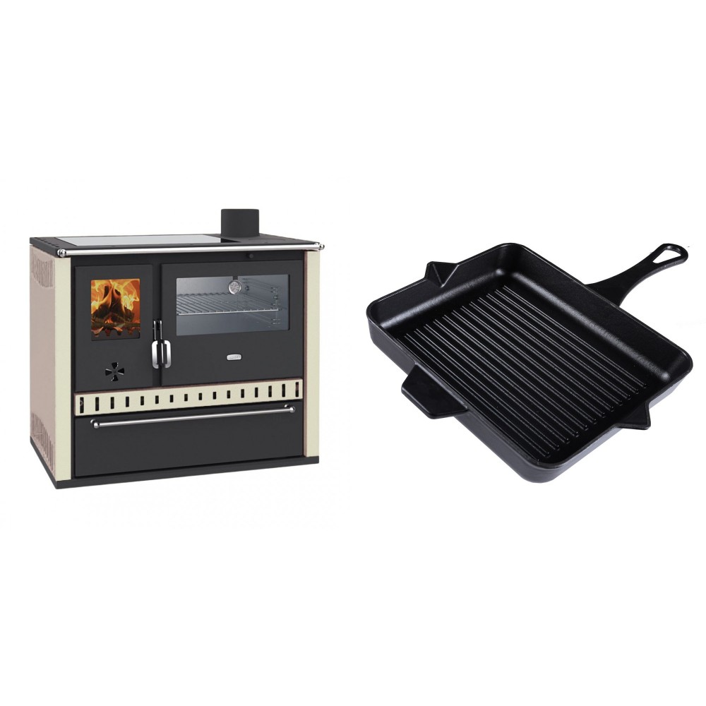 Set Küchenofen / Küchenhexe Wasserführend Prity GT W10 Elfenbein, mit Edelstahl-Backofen, Glaskeramik-Kochfeld und Schublade, 13.3 kW + Emaillierte grillpfanne Gusseisen Solagio, Black Onyx, 26x32cm