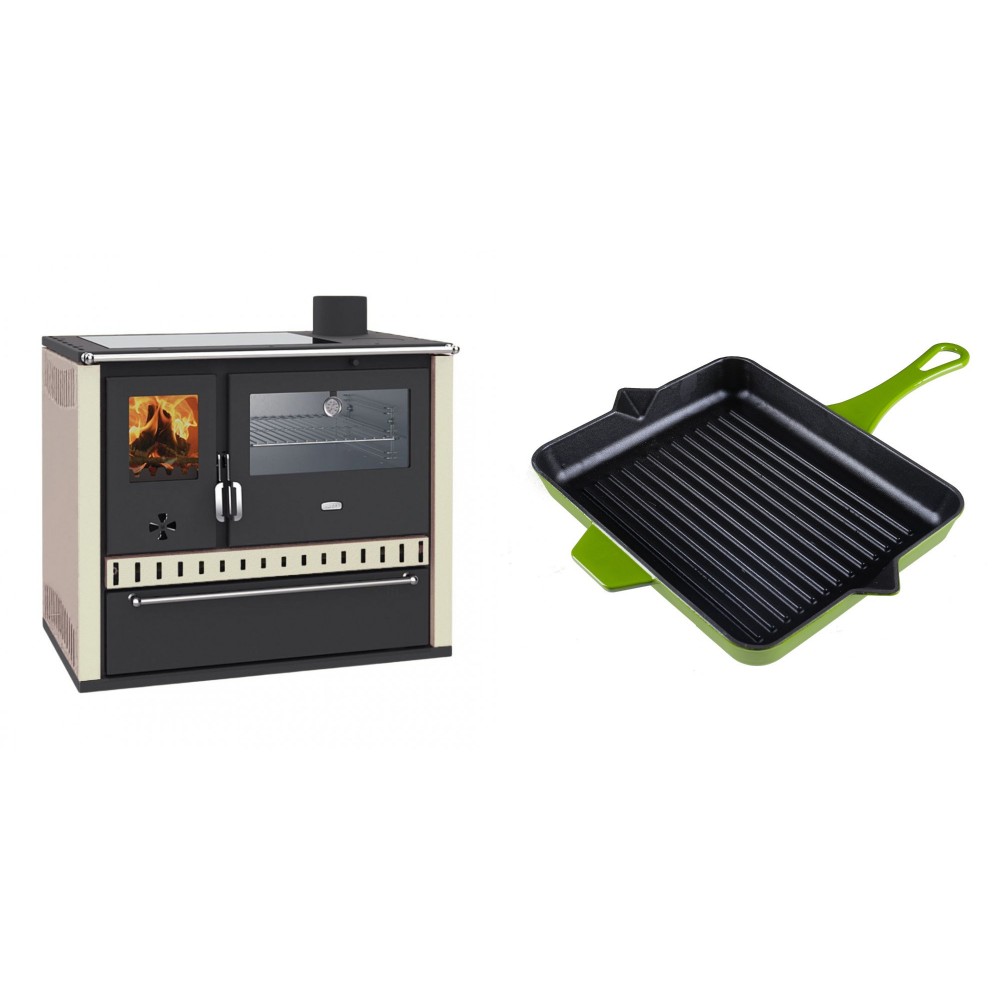 Set Küchenofen / Küchenhexe Wasserführend Prity GT W10 Elfenbein, mit Edelstahl-Backofen, Glaskeramik-Kochfeld und Schublade, 13.3 kW + Emaillierte grillpfanne Gusseisen Solagio, Bamboo, 26x32cm