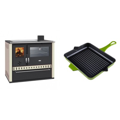 Set Küchenofen / Küchenhexe Wasserführend Prity GT W10 Elfenbein, mit Edelstahl-Backofen, Glaskeramik-Kochfeld und Schublade, 13.3 kW + Emaillierte grillpfanne Gusseisen Solagio, Bamboo, 26x32cm - Holzofen Prity