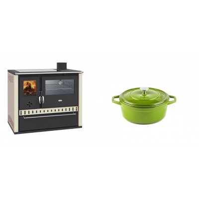 Set Küchenofen / Küchenhexe Wasserführend Prity GT W10 Elfenbein, mit Edelstahl-Backofen, Glaskeramik-Kochfeld und Schublade, 13.3 kW + Gusseisen Topf Tiefer Solagio, Bamboo, Ф12 - Holzofen Prity